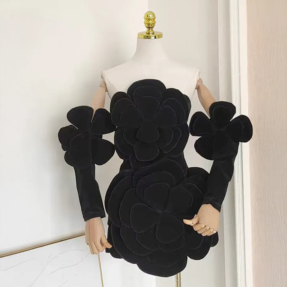PATCHWORK FLOWER VELVET MINI DRESS with SLEEVES